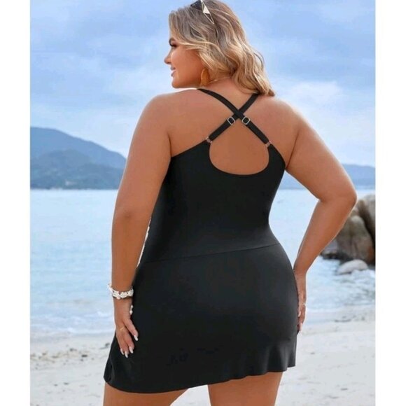 Blooming Jelly Swim Dress One Piece Tummy Control Modest Criss Cross Black XXL - Picture 3 of 7